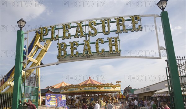 Sign at entrance to Pleasure Beach funfair, Great Yarmouth, Norfolk, England, United Kingdom, Europe