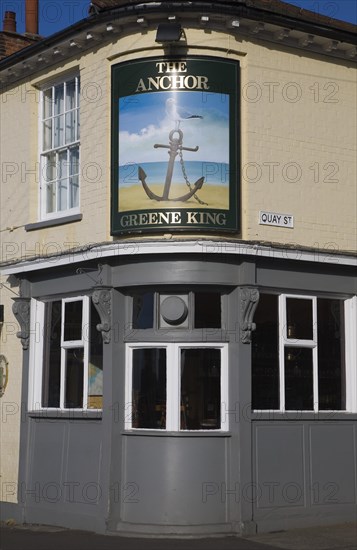 Sign and building detail of the Anchor pub in Quay Street, Woodbridge, Suffolk, England, United Kingdom, Europe