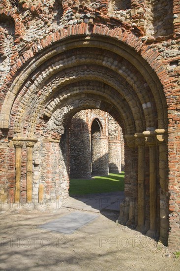 Elaborate Norman doorway of the west front of Saint Botolph's priory, Colchester, Essex, England, United Kingdom, Europe