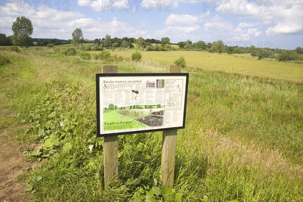 Information board at site of prehistoric trackway, Beccles, Suffolk, England, United Kingdom, Europe