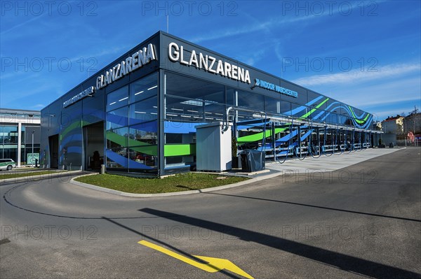 GLANZARENA, blue-green facade, indoor washing centre, Kempten, Bavaria, Allgaeu, Germany, Europe