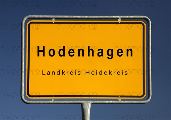 Town sign Hodenhagen, municipality in the district of Heidekreis, Lower Saxony, Germany, Europe