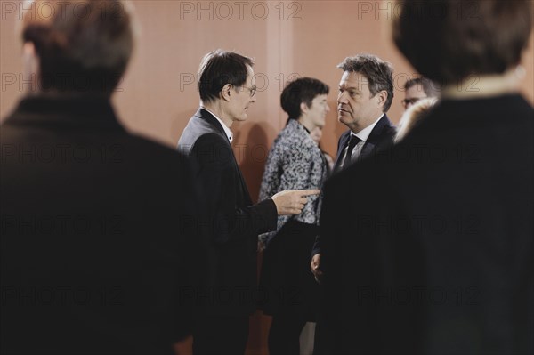 (L-R) Karl Lauterbach (SPD), Federal Minister of Health, and Robert Habeck (Alliance 90/The Greens), Federal Minister for Economic Affairs and Climate Protection and Vice-Chancellor, recorded during the weekly cabinet meeting in Berlin, 21 February 2024