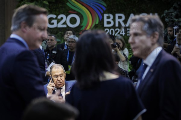 Sergey Lavrov, Foreign Minister of Russia, pictured at the G20 Foreign Ministers' Meeting in Rio de Janeiro. In the foreground (from left to right) David Cameron, Foreign Secretary of the United Kingdom, Annalena Baerbock (Alliance 90/The Greens), Federal Foreign Minister, and Antony Blinken, Secretary of State of the United States of America, talking to each other. 22.02.2024. Photographed on behalf of the Federal Foreign Office