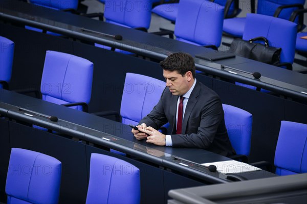 Thomas Hitschler, Parliamentary State Secretary to the Federal Minister of Defence, sits on the government bench in the Bundestag. Berlin, 21.02.2024