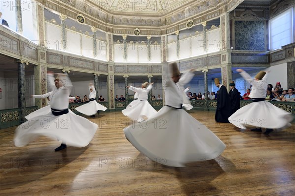 Dancing dervishes, dervish dance Sema, Mevlevihanesi Muezesi at Istiklal Caddesi, Istanbul, European part, Turkey, Asia