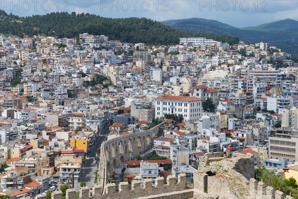 Roman aqueduct, dense development of a town situated on the slopes of a hill, view from the fortress, Kavala, Dimos Kavalas, Eastern Macedonia and Thrace, Gulf of Thasos, Gulf of Kavala, Thracian Sea, Greece, Europe