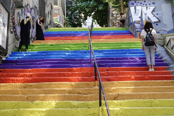 Tourists, painted staircase in rainbow colours, Istanbul, European part, Istanbul province, Turkey, Asia