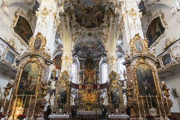 Pilgrimage church, interior view, Andechs Monastery, Fuenfseenland, Pfaffenwinkel, Upper Bavaria, Bavaria, Germany, Europe