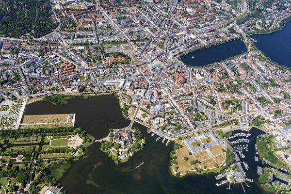 Aerial view, Schwerin, castle, city centre, state capital, lake, Mecklenburg-Western Pomerania, Germany, Europe