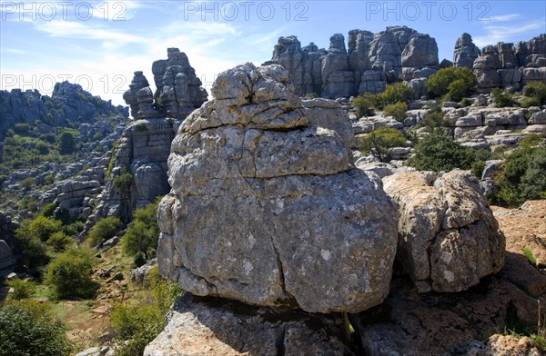 Dramatic limestone scenery of rocks shaped by erosion and weathering at El Torcal de Antequera national park, Andalusia, Spain, Europe