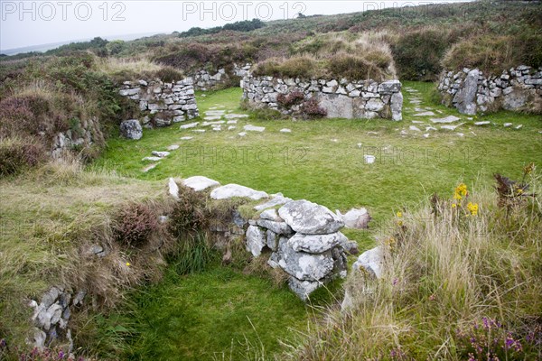 Chysauster Ancient Village is a late Iron Age and Romano-British village of courtyard houses in Cornwall, England, United Kingdom, Europe