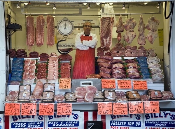 Butcher mobile van meat display at Ipswich market, Suffolk, England, United Kingdom, Europe