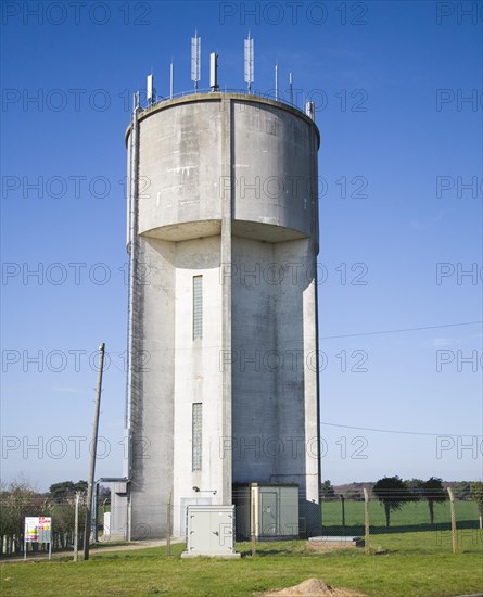 Water tower storing water pumped from groundwater chalk aquifer, Hollesley, Suffolk, England, United Kingdom, Europe