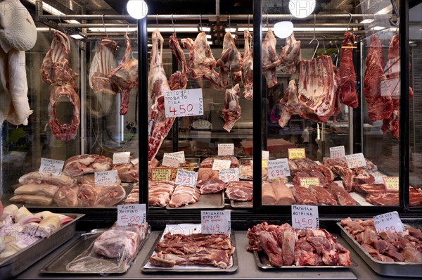 Display of fresh meat, butcher's shop, food, Kapani market, Vlali, Thessaloniki, Macedonia, Greece, Europe