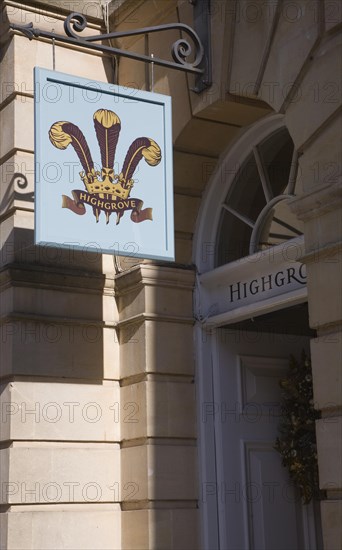 Highgrove shop sign, Milsom Street, Bath, Somerset, England the brand of products endorsed by The Prince of Wales, Prince Charles