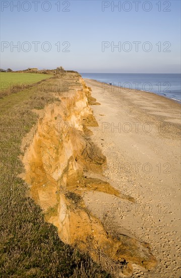 Rapid coastal erosion of soft cliffs between Benacre and Kessingland on the Suffolk coast England. The cliffs were formed by glacial outwash of sands and pebbles which overly older clay strata. This structure of permeable rock over impermeable clay makes the cliff especially prone to slumping and mass movement