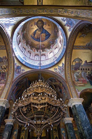 Interior view of Ieros Naos Panagias Dexias church, dome, mosaic, chandelier, Thessaloniki, Macedonia, Greece, Europe
