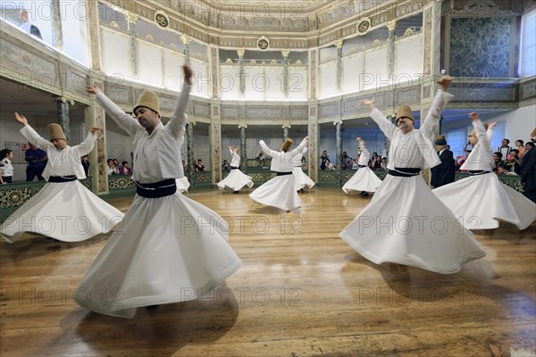 Dancing dervishes, dervish dance Sema, Mevlevihanesi Muezesi at Istiklal Caddesi, Istanbul, European part, Turkey, Asia