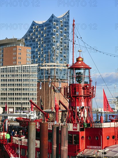 Red lightship LV 13 with a view of the Elbe Philharmonic Hall, restaurant, bar, hotel in the City Sports Harbour, Hamburg, Germany, Europe
