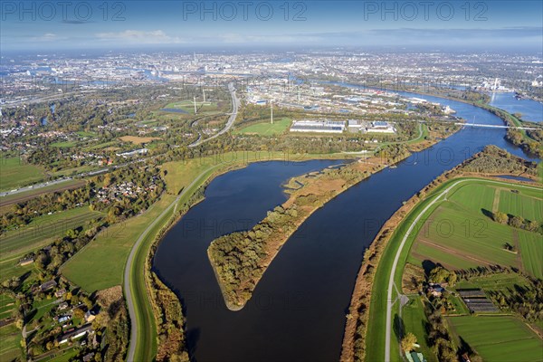 Aerial photo, dike relocation in the Kreetsand lowland Elbe, tidal Elbe concept, aerial photo, flood protection, Elbe, Norderelbe, flood protection, outlet area, square, Wilhelmsburg, Hamburg, Germany, Europe