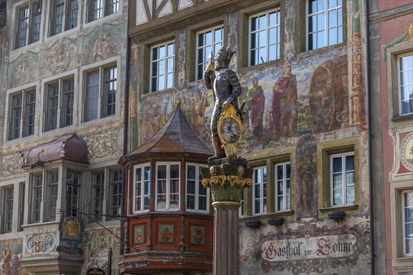 Stein am Rhein, historic old town, mural painting, antique scenes, Gasthof zur Sonne, bay window, Canton Schaffhausen, Switzerland, Europe