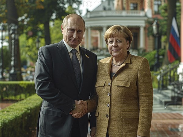 Russian President Vladimir Putin stands together with German Chancellor Angela Merkel, ai generated, AI generated