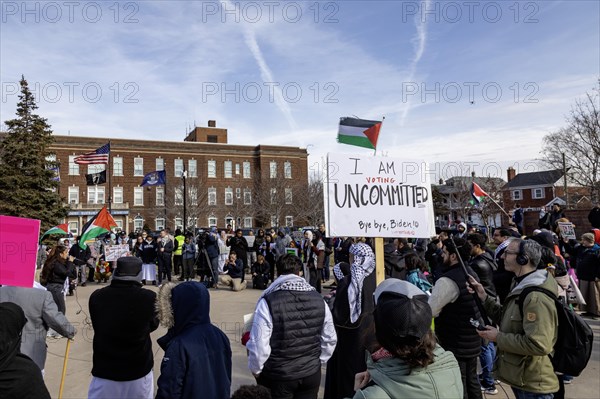 Hamtramck, Michigan USA, 25 February 2024, Two days ahead of Michigan's Presidential primary election, a rally in this heavily Arab-American city urges a vote for uncommitted instead of for Joe Biden. Many Arab-Americans are furious about Biden's support for Israel in the Gaza war. Israel's bombing there has cost tens of thousands of Palestinian lives