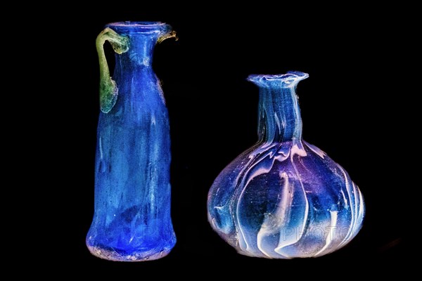 Blue toilet glass jars, 1st-3rd century, National Archaeological Museum, Villa Cassis Faraone, UNESCO World Heritage Site, important city in the Roman Empire, Aquileia, Friuli, Italy, Aquileia, Friuli, Italy, Europe
