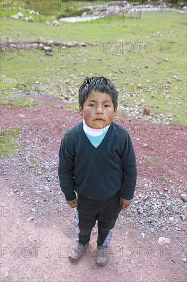 Peruvian boy, 6 years old, in the Andean highlands, Palccoyo, Checacupe district, Canchis province, Cusco region, Peru, South America