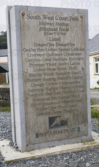 South West Coast path midway marker at Porthallow, Cornwall, England, United Kingdom, Europe