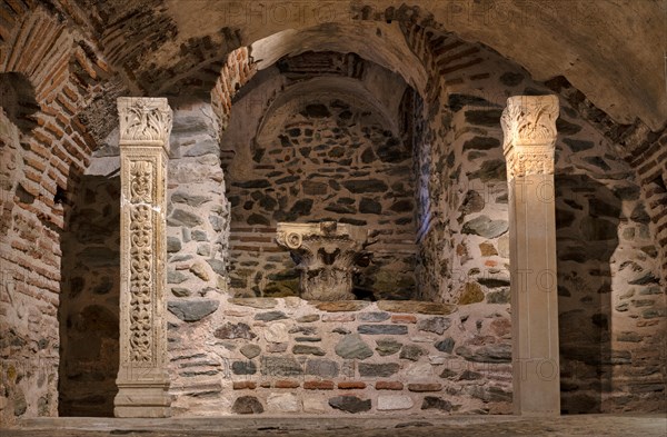 Interior view of the crypt, remains of the Roman baths, Hagios Demetrios church, also known as Agios Dimtrios or Demetrios basilica, Thessaloniki, Macedonia, Greece, Europe