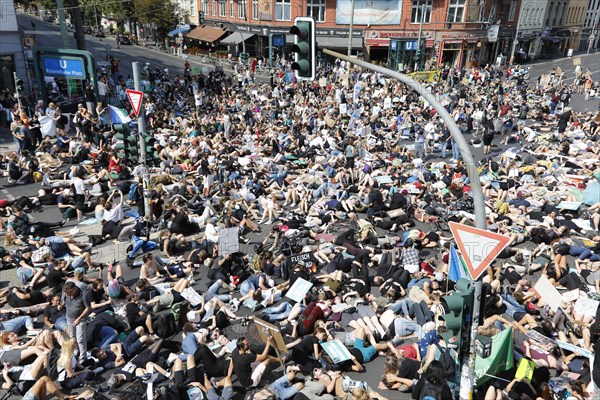 Mass die In, at the Official Animal Rights March demo at Rosenthaler Platz in Berlin. The Animal Rights March is a demonstration of the vegan community for animal protection and animal rights, 25 August 2019