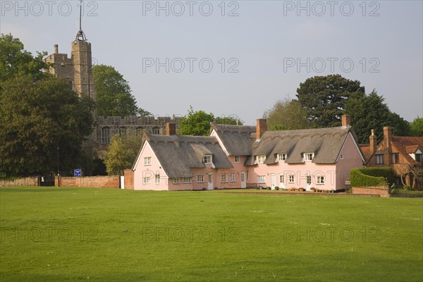 Attractive pink washed cottages at Cavendish, Suffolk, England, United Kingdom, Europe