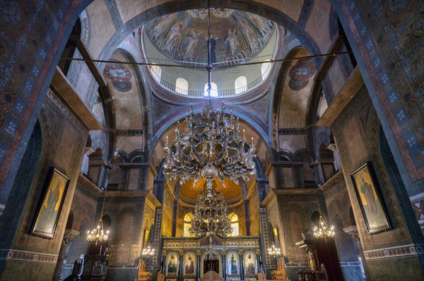 Interior view of Hagia Sofia church, also known as Agia Sofia, dome, altar, chandelier, Thessaloniki, Macedonia, Greece, Europe