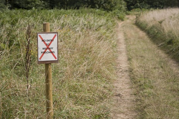 No entry sign for military personnel sign on country path, Sutton, Suffolk, England, United Kingdom, Europe