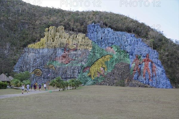 Mural de la Prehistoria, prehistoric wall, painted in 1961 by Mexican artist Leovigildo Gonzalez Morillo, size 120x180 metres, Vinales, Unesco World Heritage Site, Pinar del Rio Province, Cuba, Greater Antilles, Caribbean, Central America