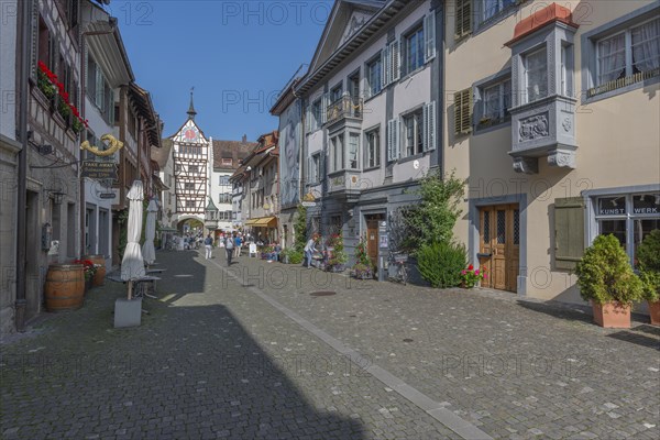 Stein am Rhein, historic old town, lower town with town gate, half-timbered houses, oriel, Canton Schaffhausen, Switzerland, Europe