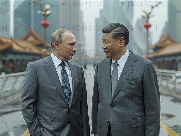 Russian President Vladimir Putin stands with General Secretary of China Xi Jinping, ai generated, AI generated