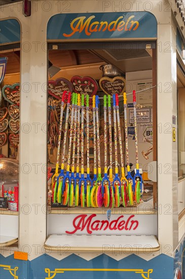 Folk festival and fairground stall Baked almonds, gingerbread hearts, sweets, moated castle am Inn, Bavaria