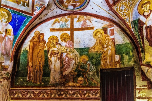 Crypt of frescoes from the 9th century under the main altar, Cripta degli Affreschi, Basilica of Aquileia from the 11th century, largest floor mosaic of the Western Roman Empire, UNESCO World Heritage Site, important city in the Roman Empire, Friuli, Italy, Aquileia, Friuli, Italy, Europe