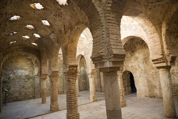 Star shaped skylights in vaulted roof of Arab Baths, Banos Arabes, Ronda, Spain, Europe