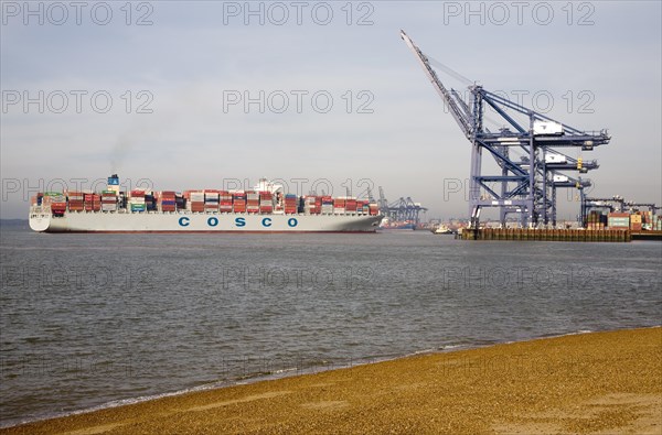 Cosco Harmony container ship at the Port of Felixstowe, Suffolk, England, United Kingdom, Europe