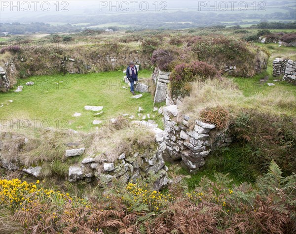 Chysauster Ancient Village is a late Iron Age and Romano-British village of courtyard houses in Cornwall, England, United Kingdom, Europe