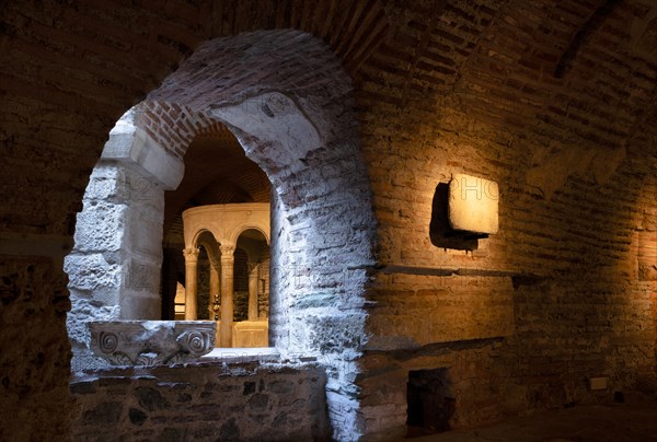 Interior view of the crypt, remains of the Roman baths, Hagios Demetrios church, also known as Agios Dimtrios or Demetrios basilica, Thessaloniki, Macedonia, Greece, Europe