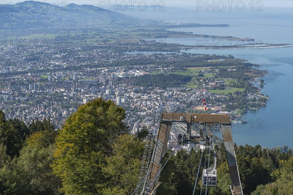 View from the Pfaender, 1064m, local mountain of Bregenz, cable car, mouth of the Rhine, Lake Constance, Vorarlberg, Alps, Austria, Europe