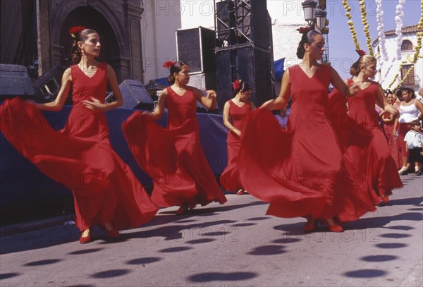 Group of flamenco dancers at street party in Velez-Malaga, Andalusia, Spain, Southern Europe. Scanned thumbnail slide, Europe