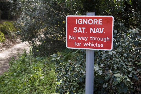 Ignore Sat Nav No way through for vehicles sign, UK