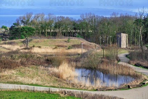 View over the Zwin Nature Park, bird sanctuary at Knokke-Heist and bird hide for watching white storks in late winter, West Flanders, Belgium, Europe