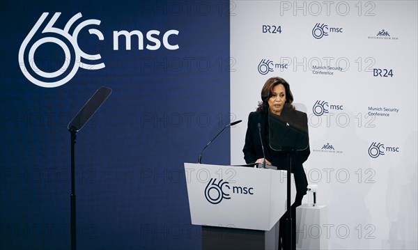 Kamala Harris, US Vice President, recorded during a speech at the Munich Security Conference (MSC) in Berlin, 16 February 2024